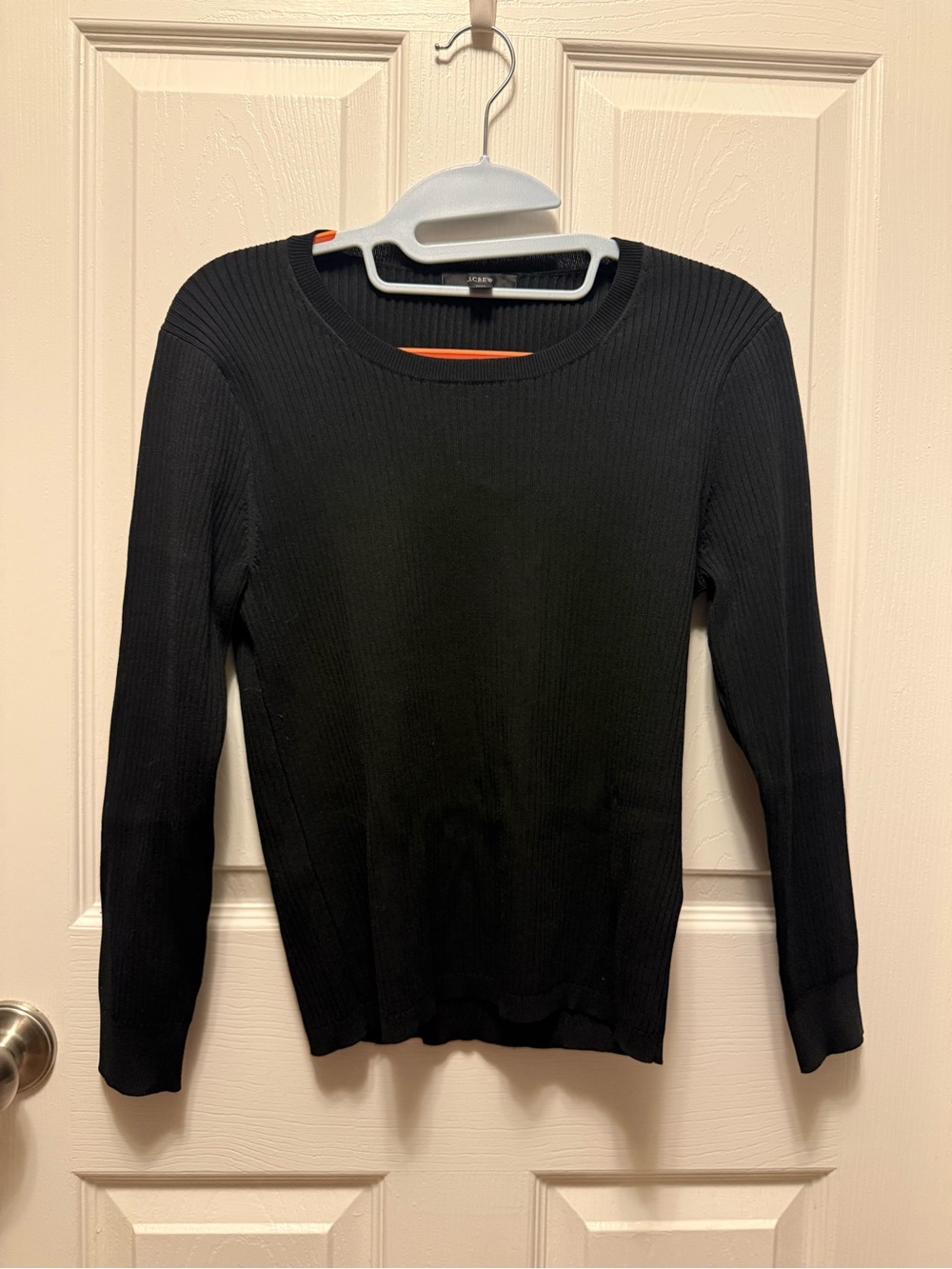 J. Crew Black Ribbed Crewneck Sweater with Subtle Orange Trim